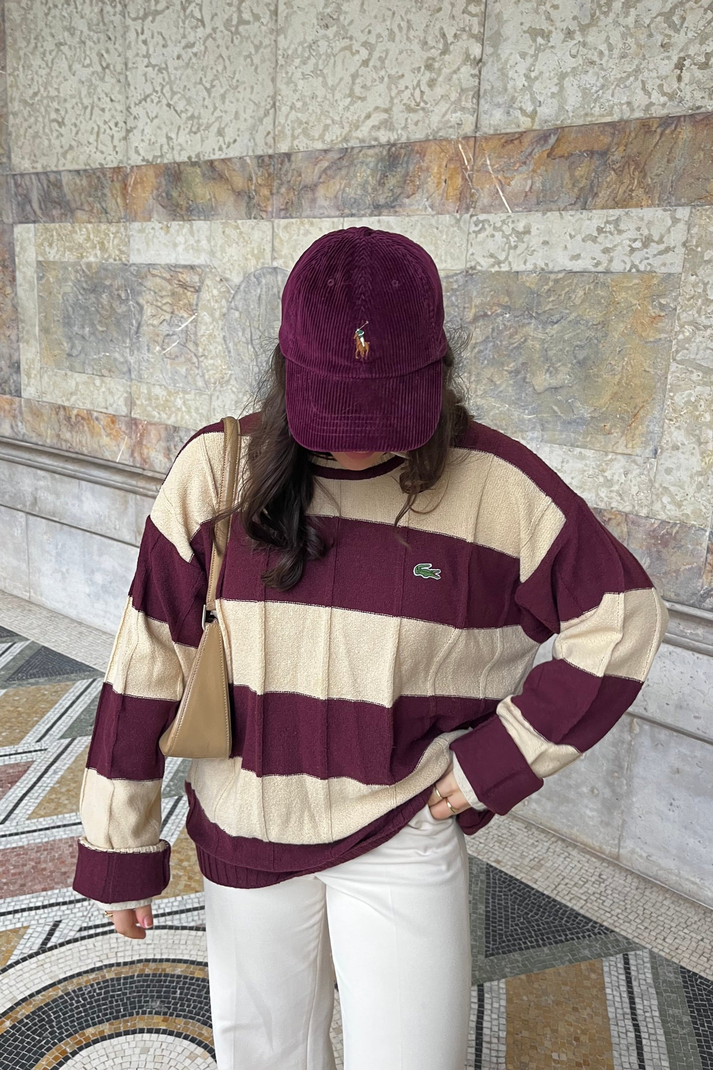 Pull Lacoste à rayures bordeaux fabriqué dans les années 90' - L