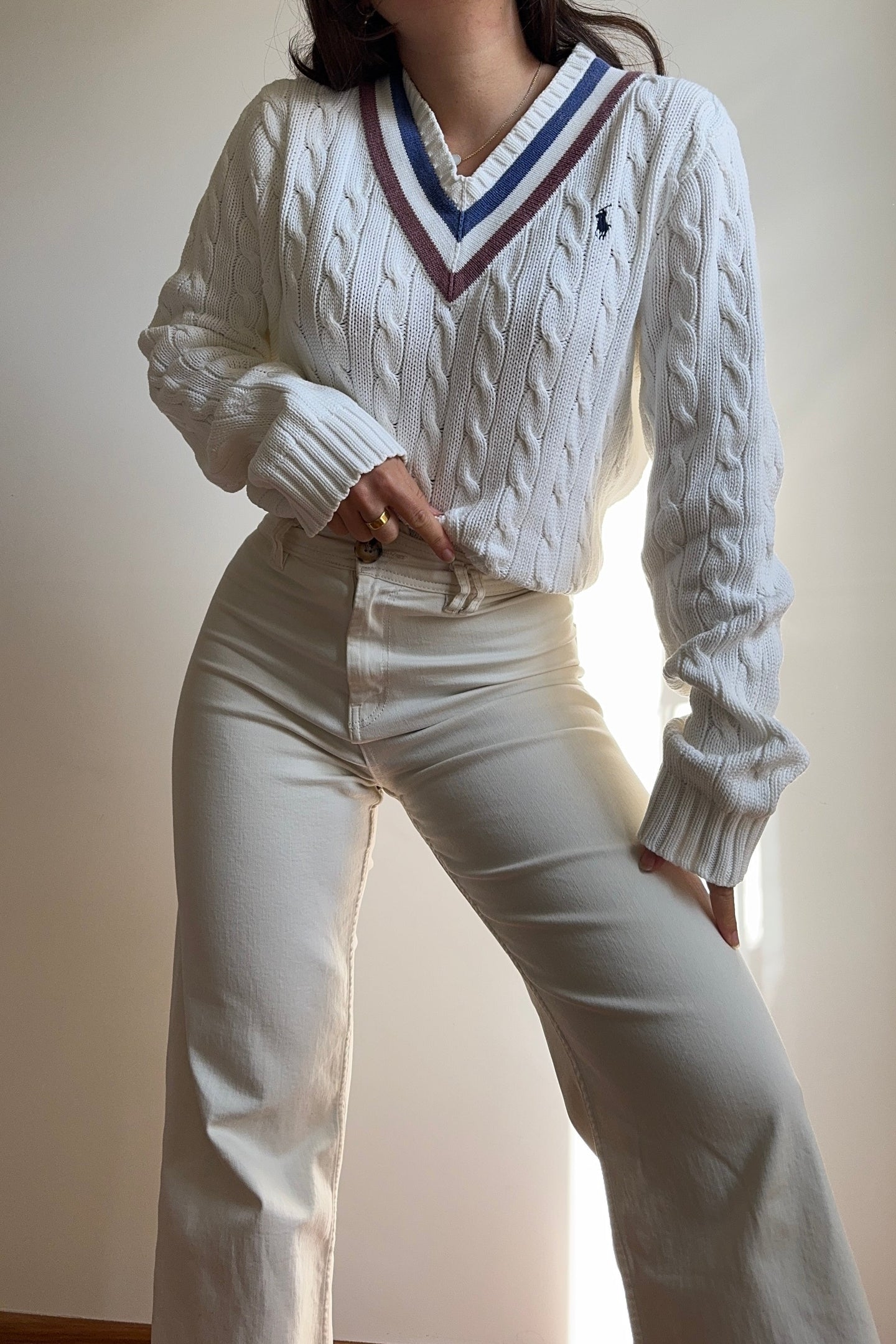 Pull col V Ralph Lauren en grosse maille tressée - S