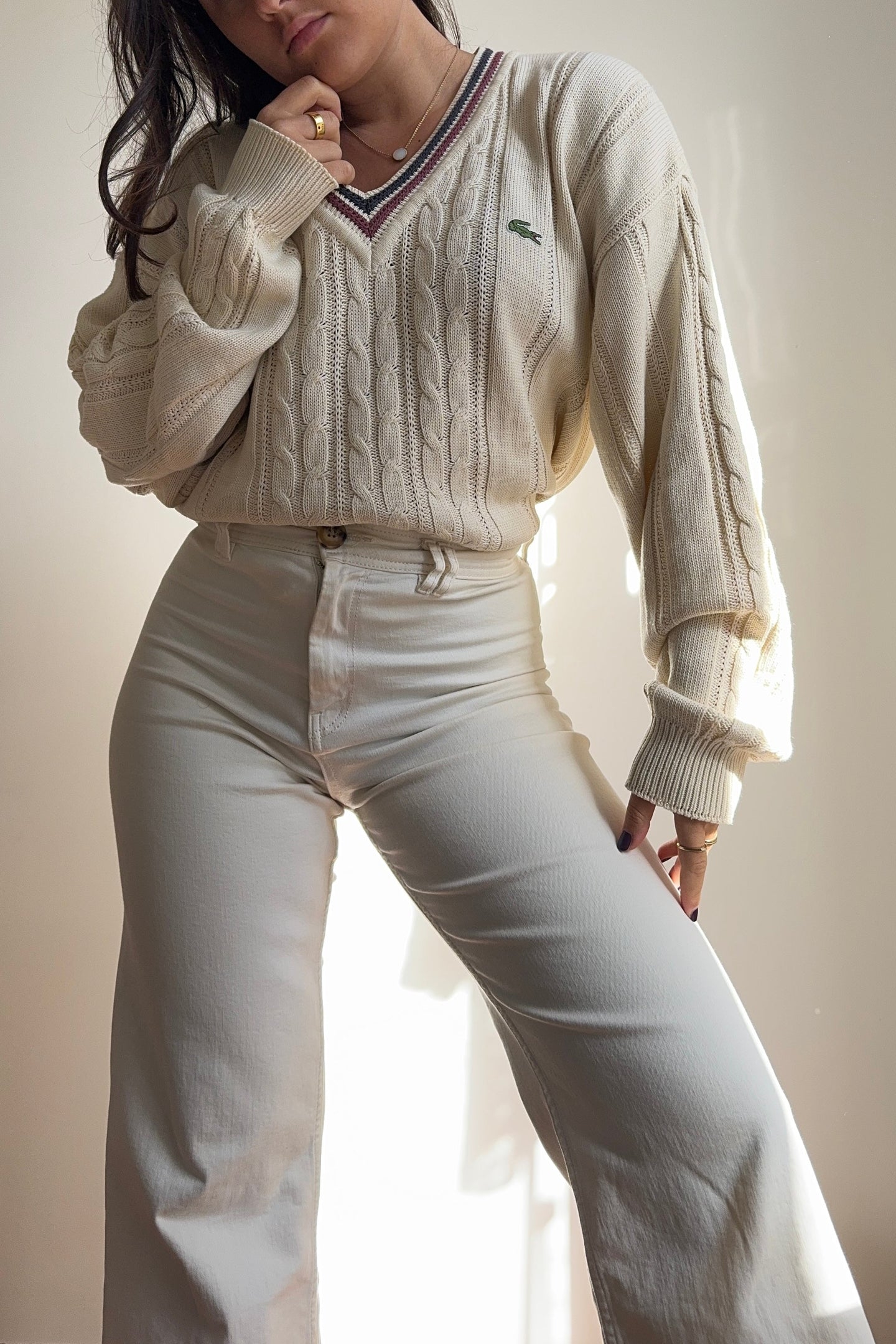 Pull col V en grosse maille fabriqué en France dans les années 80's - XL