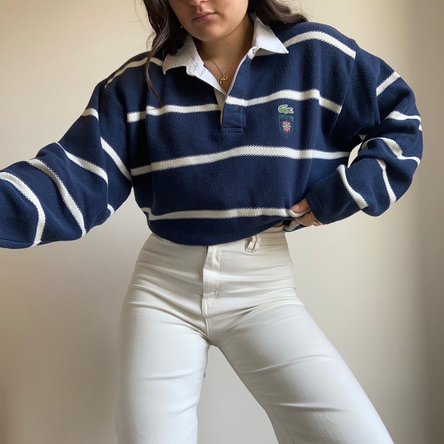 Pull Lacoste brodé rose des vents des années 80' - L