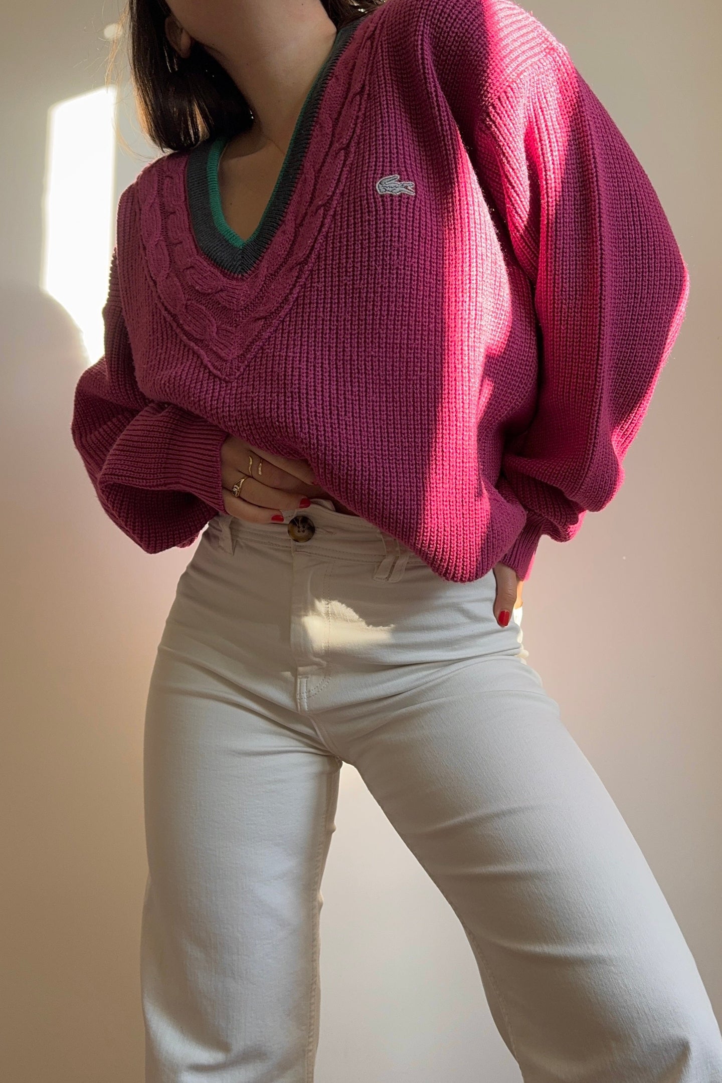 Pull col V Lacoste en grosse maille des années 80’ - L