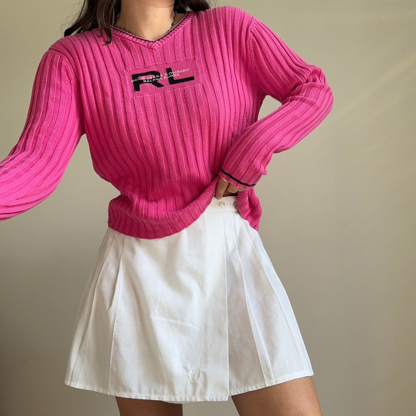 Pull col V Ralph Lauren « RL » maille côtelée - S