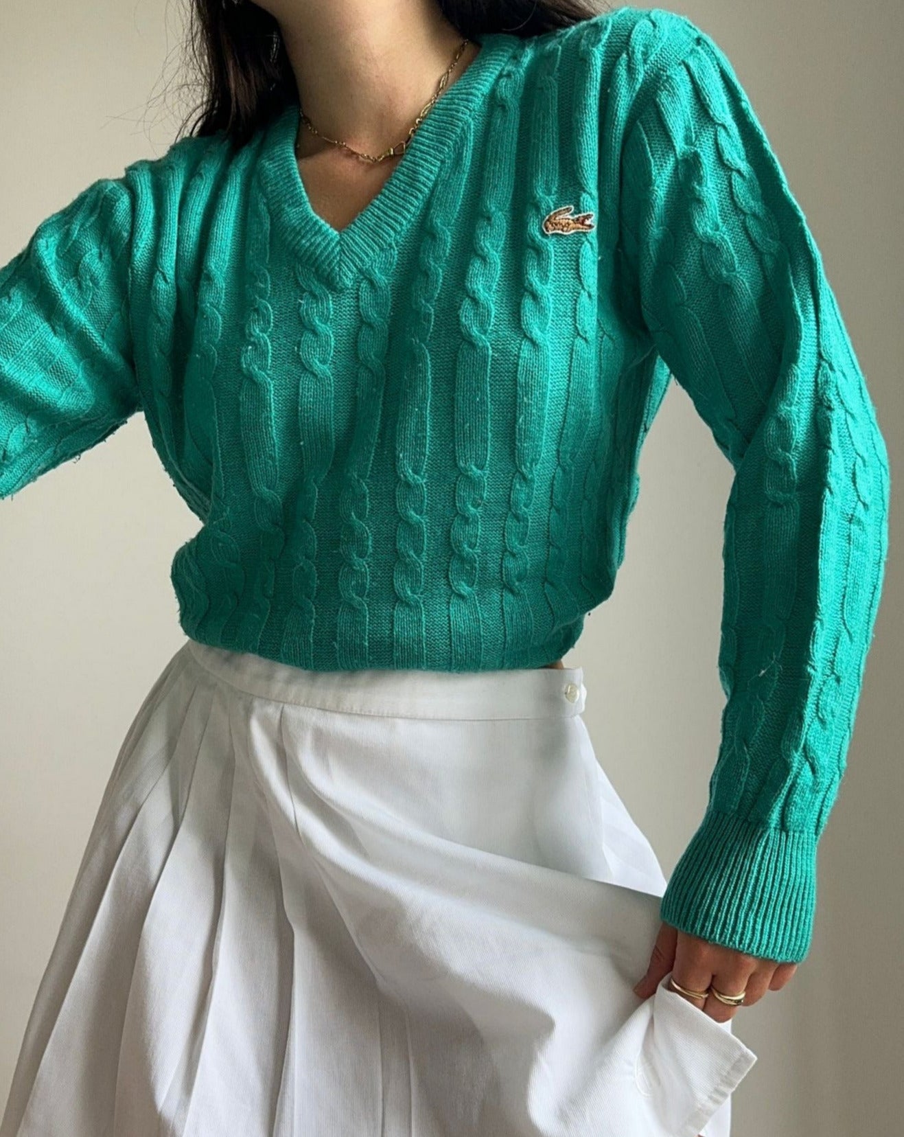 Pull col V Lacoste maille tressée des années 70' - M