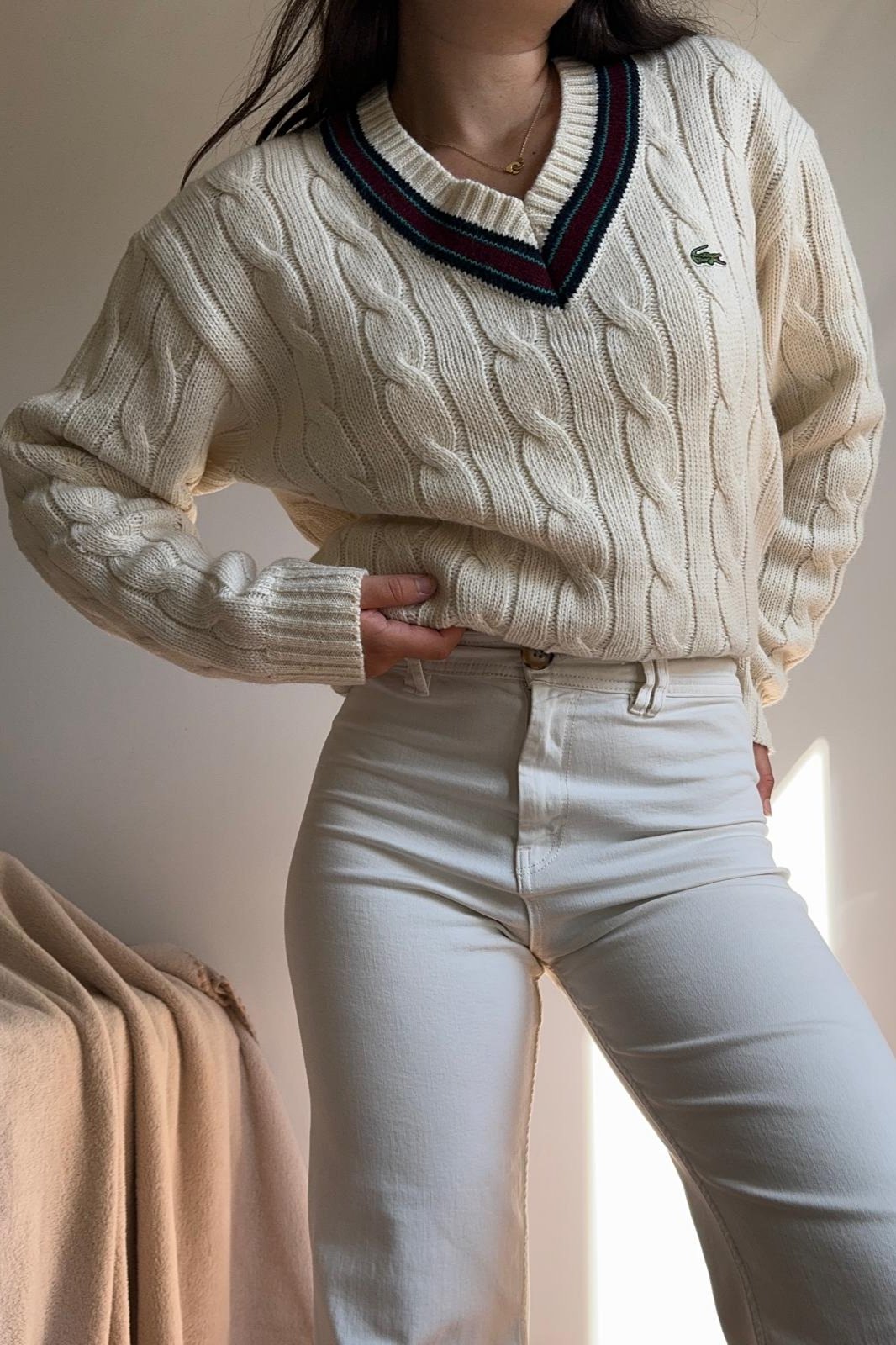 Pull col V Lacoste à la maille tressée des années 80' - M