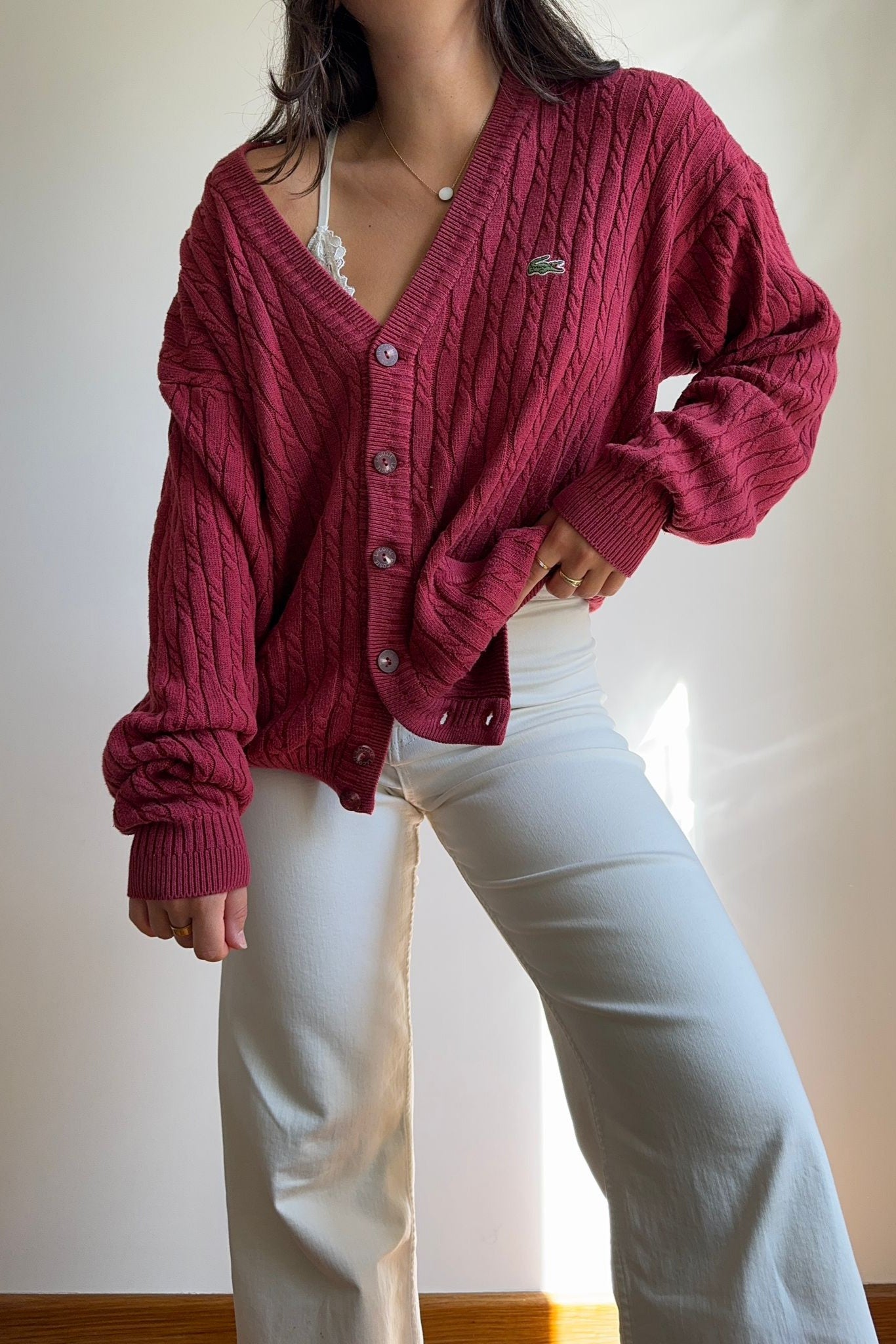 Gilet Lacoste à la maille tressée dans les années 90' - L