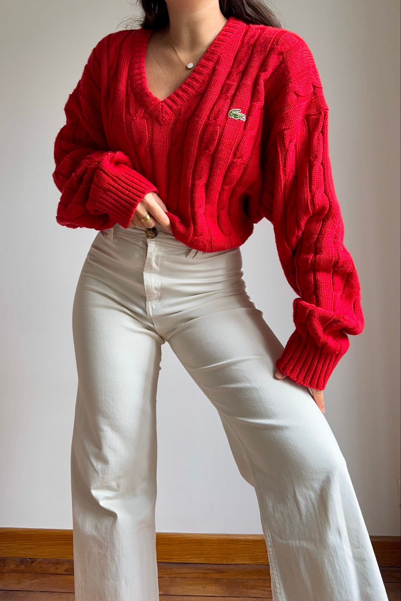 Pull col V Lacoste fabriqué en France dans les années 80' - XL