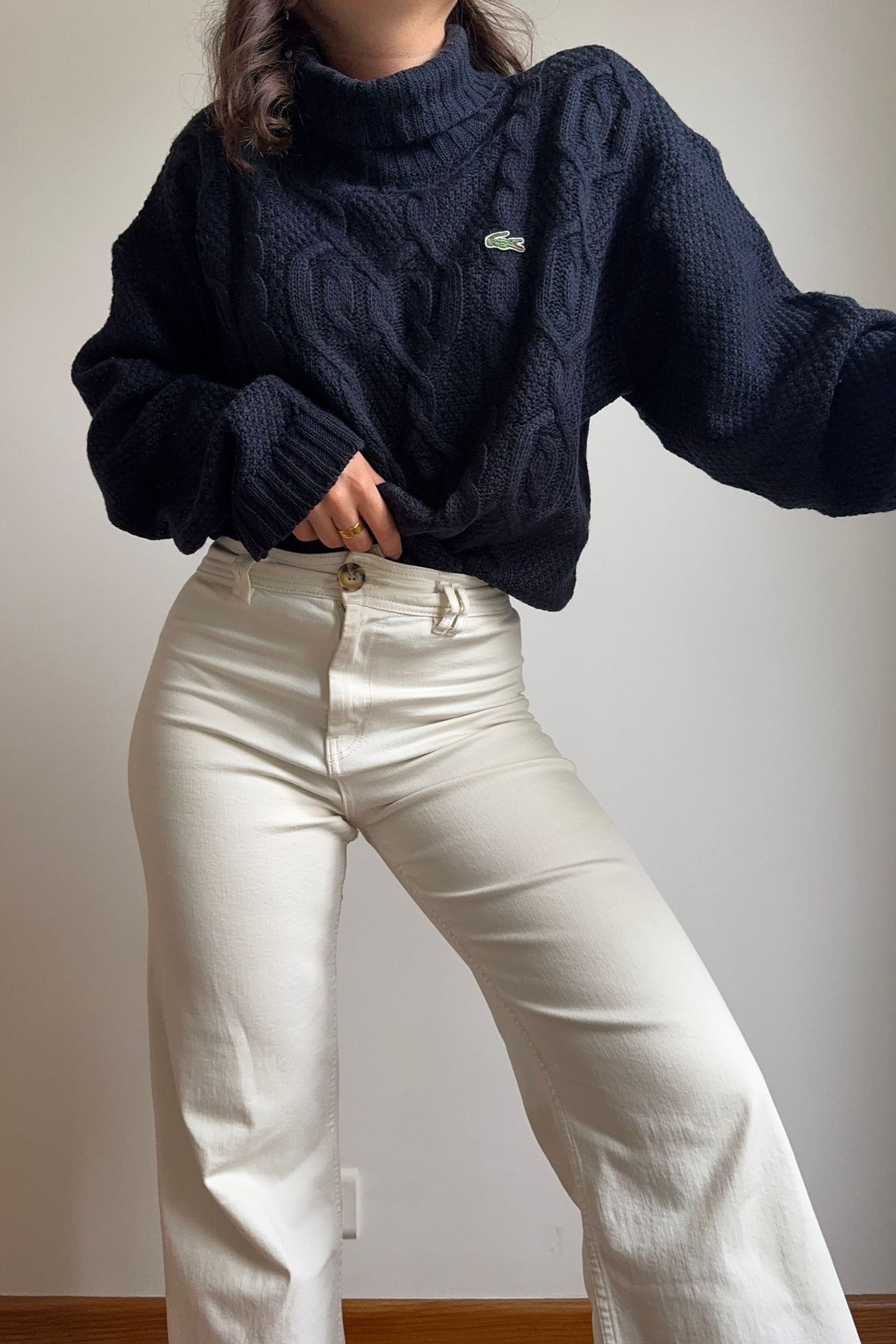 Pull col roulé Lacoste en grosse maille tressée bleu marine - L