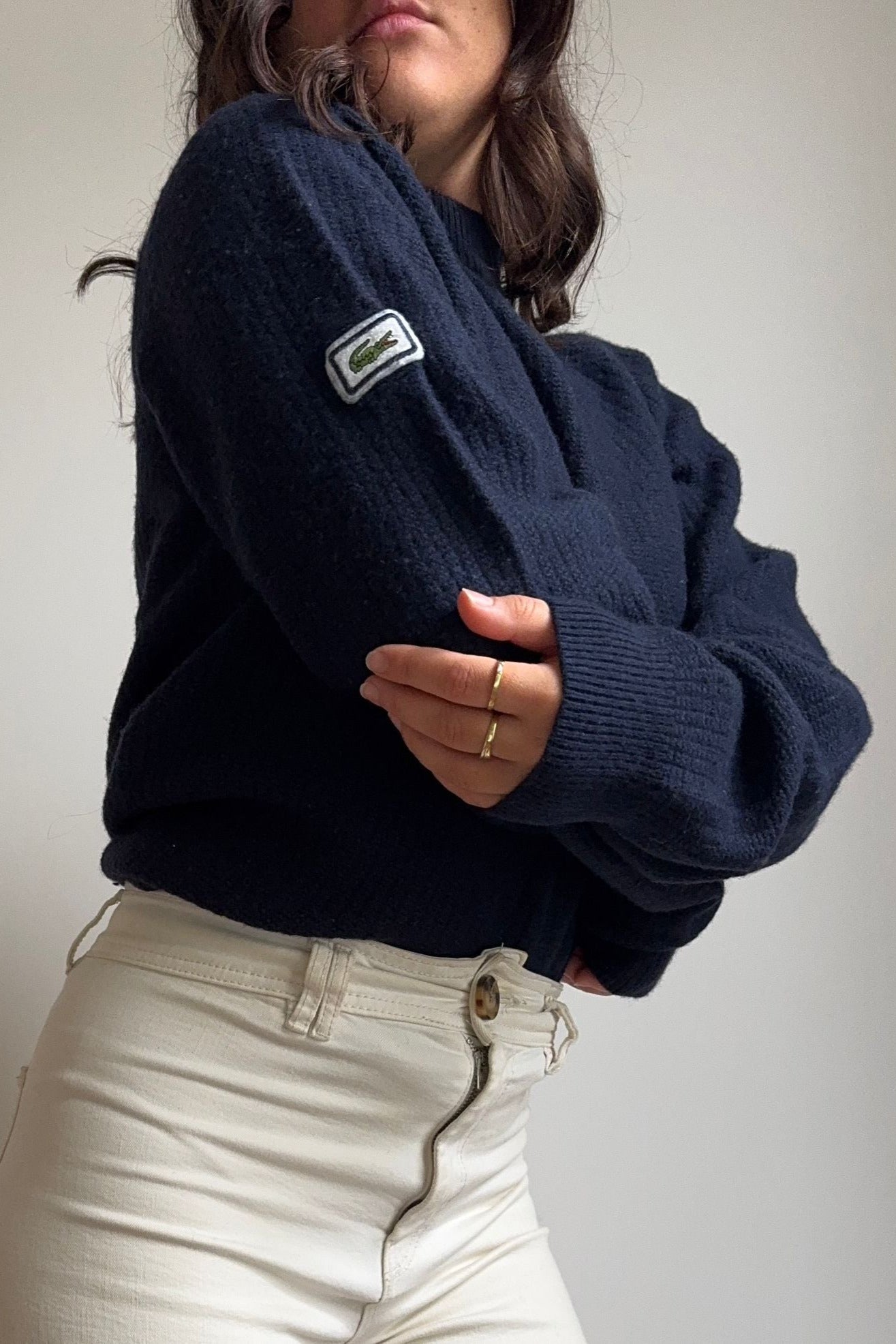 Pull col cheminé Lacoste en maille côtelée bleu marine - S