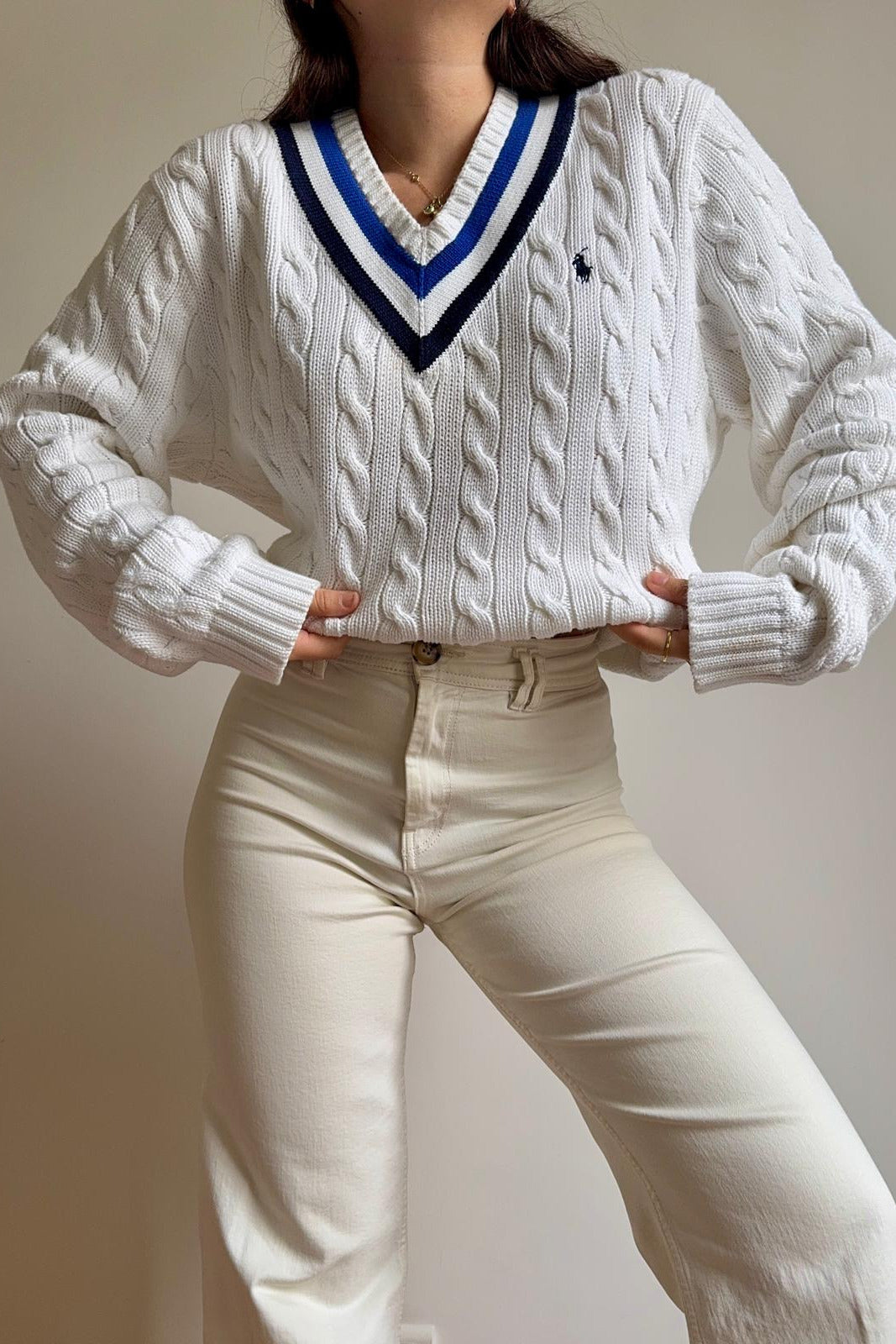 Pull col V Ralph Lauren à la maille tressée - L