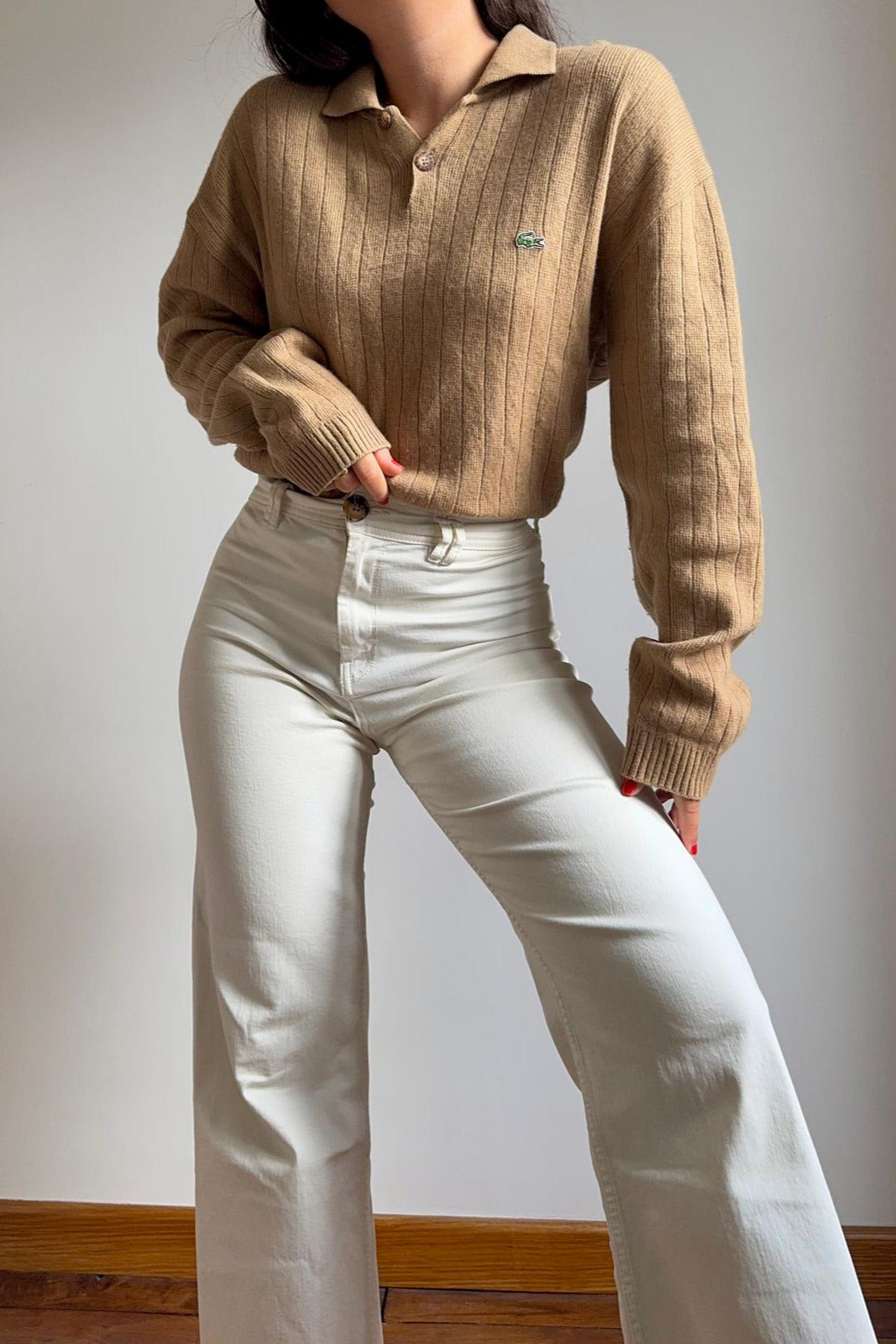 Pull Lacoste style polo à la maille côtelée en laine - XL