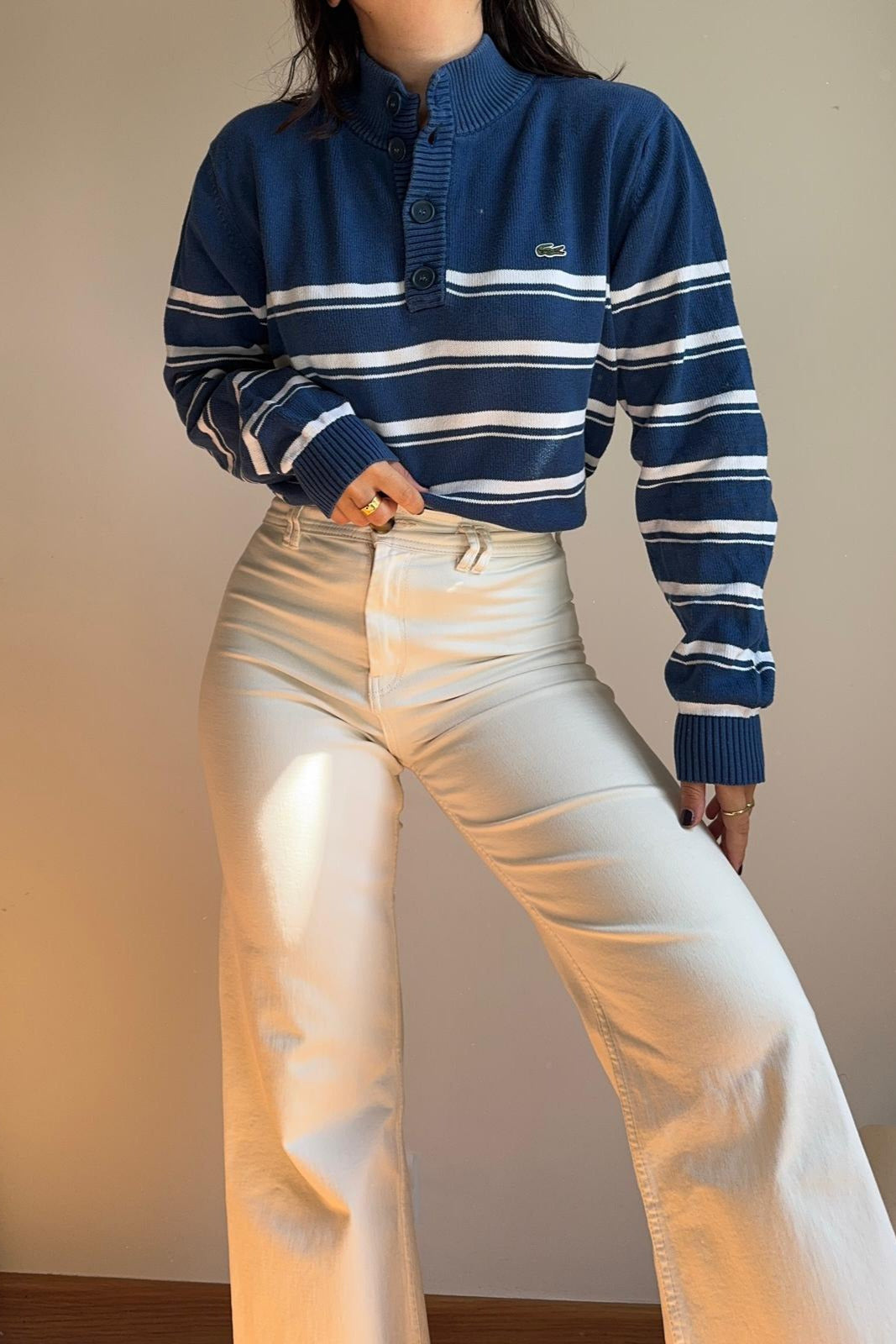 Pull Lacoste au col boutonné à rayures - M