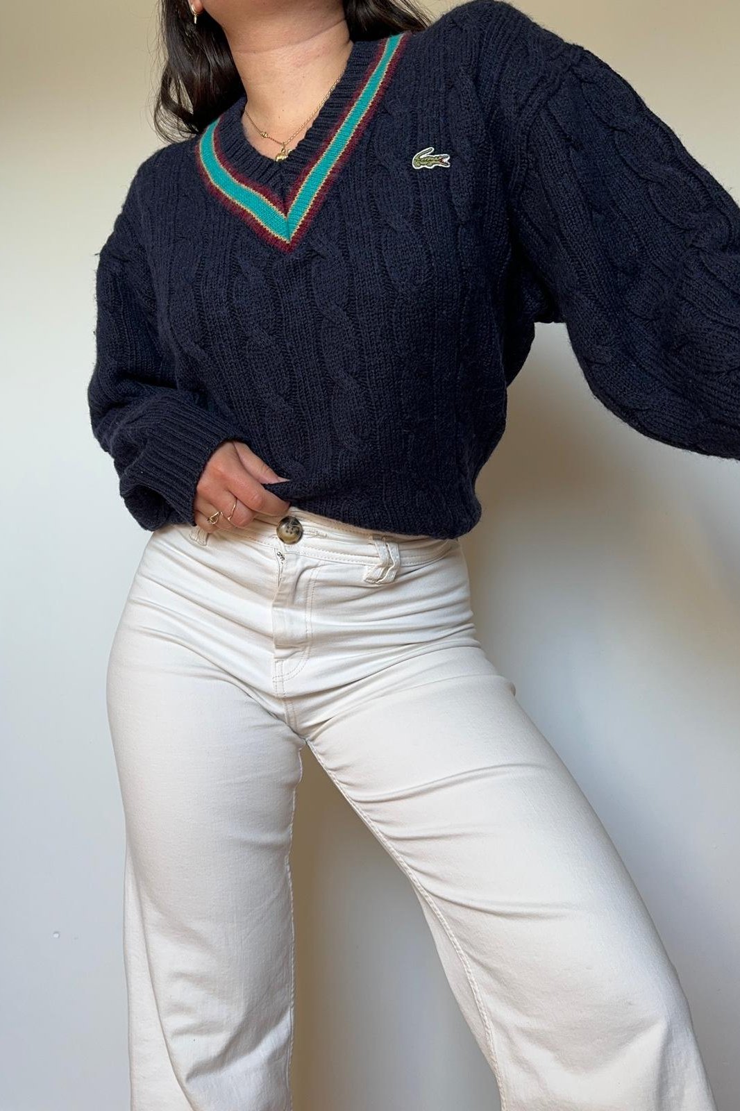 Pull col V Lacoste à la maille tressée des années 80' M – Julie