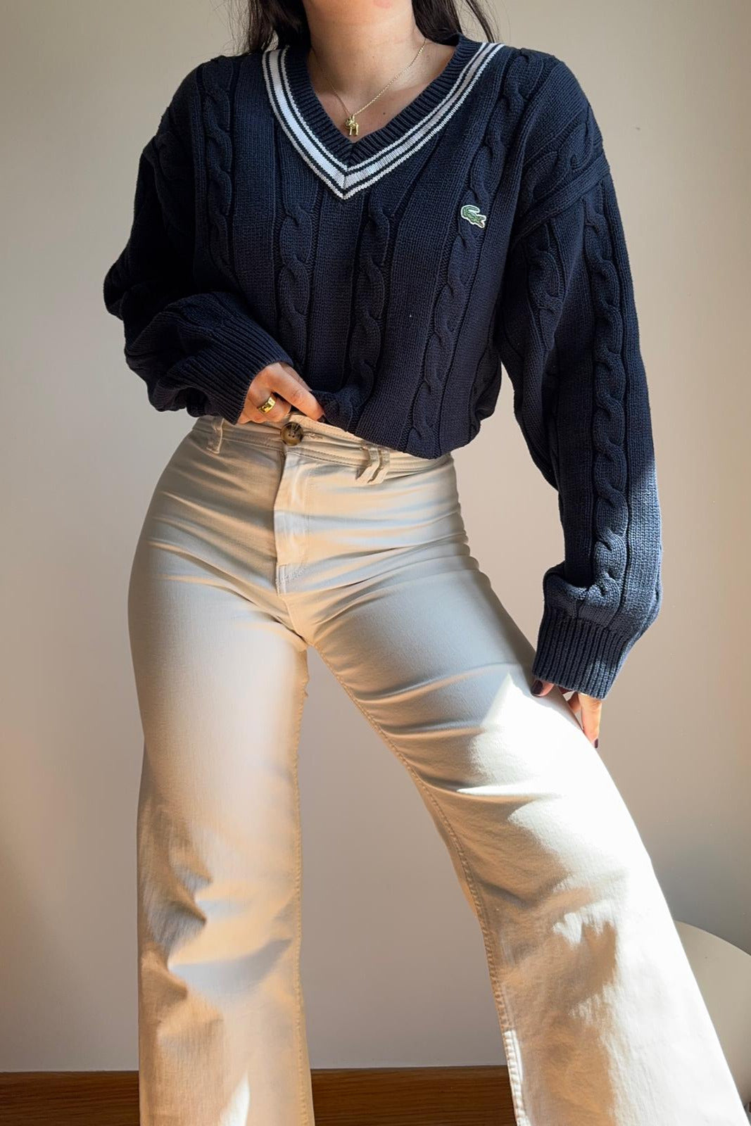 Pull col V Lacoste en maille tressée - L