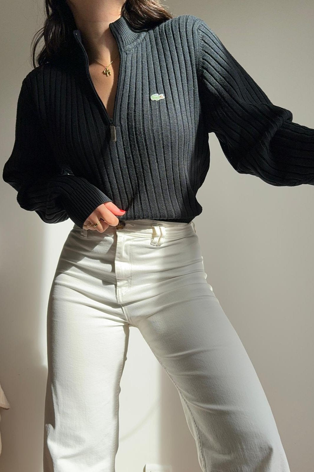 Pull half zip Lacoste en grosse maille côtelée noir - L